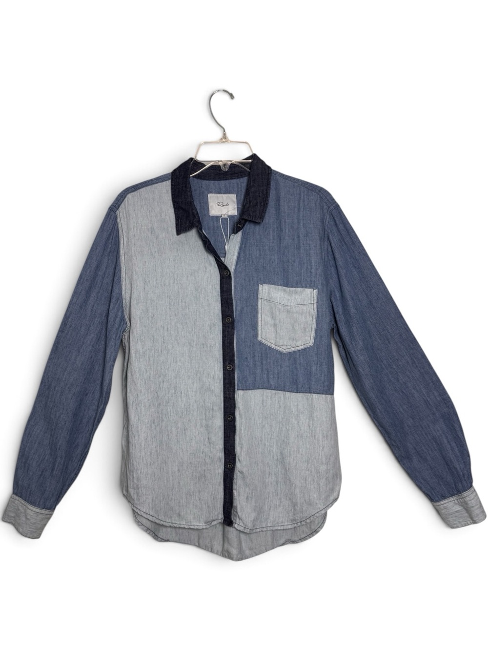 Rails Ingrid Patchwork Denim Chambray Button Down Shirt Blue L NWOT